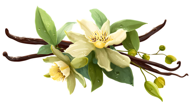 Vanilla flower with pods and green leaves depicted in botanical style on a transparent background