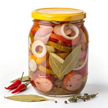 Glass Jar Filled with Pickled Sausages (Utopenec), Onions, and Pickles with Spices on Transparent Background