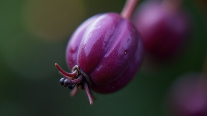 Obraz premium Close-up of a vibrant purple passionfruit against a blurred green background, showcasing its fresh, natural texture