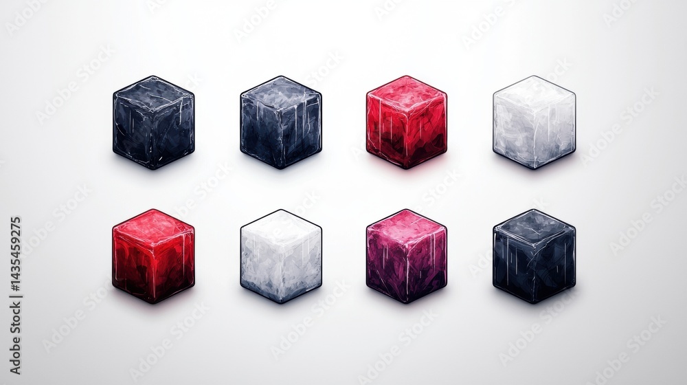 Poster a collection of nine cubes, each with a unique color and texture, arranged in a 3x3 grid.