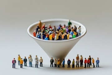 Miniature figures illustrating a sales funnel concept