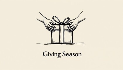 Monochrome drawing of hands opening a gift representing the "Giving Season" with whimsical warmth