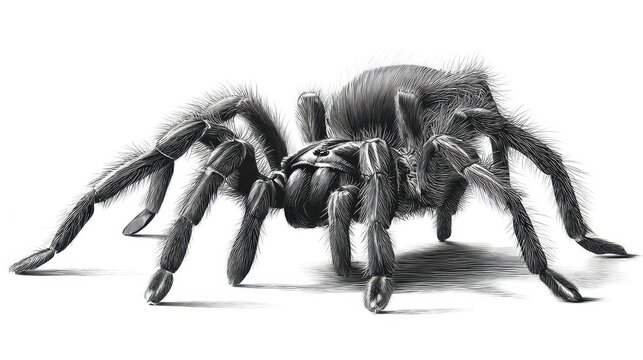 Detailed pencil drawing of a large hairy tarantula.