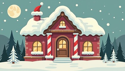 Fototapeta premium Cartoon Christmas cottage snowy illustration in red and white at night under a full moon