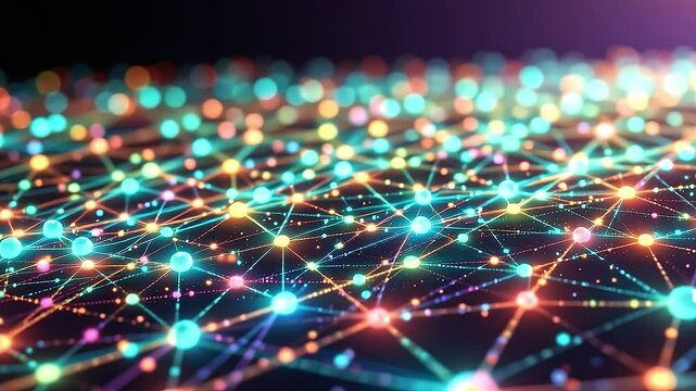 A mesmerizing expanse of interconnected glowing geometric shapes drifts serenely. Predominantly cool toned, the palette blends spectral violet, electric blue, and mint green
