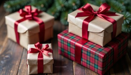 Obraz premium Four gifts wrapped in off-white and maroon paper with dark red bows suggesting a Christmas setting against a blurred green background