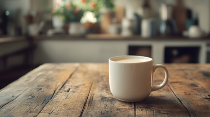Obraz premium Warm Cup of Milk on Rustic Wooden Table in Cozy Morning Kitchen with Soft Light. 