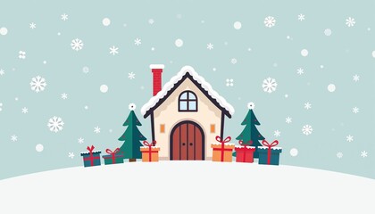 Fototapeta premium Simple cartoon snow-covered house illustration in light blue and white with presents and trees for Christmas