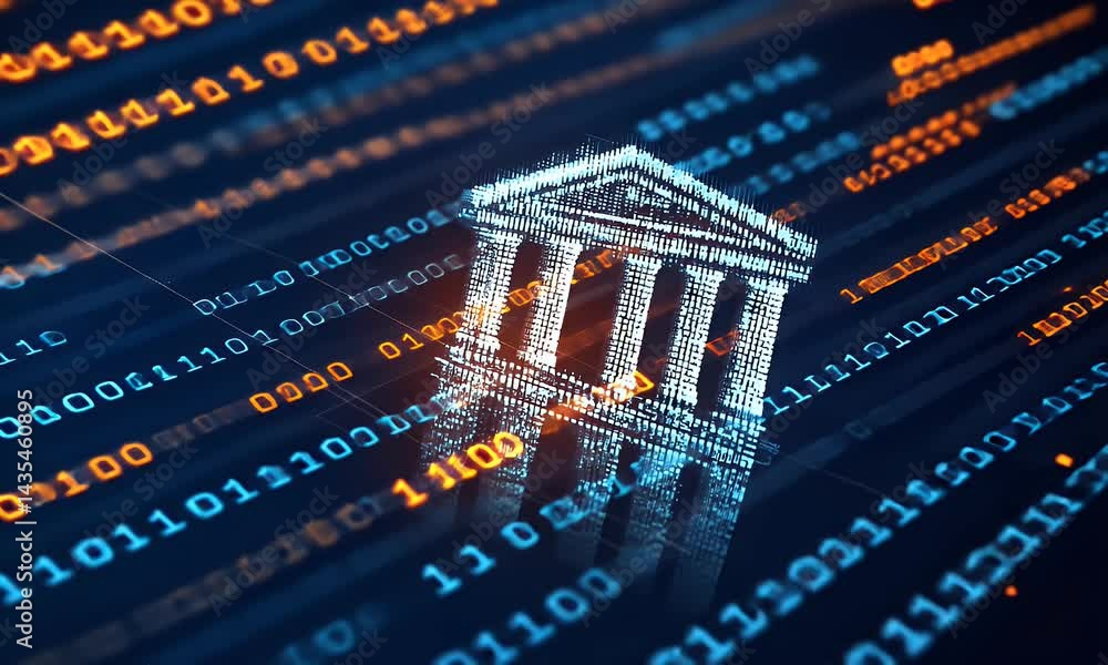 Poster a digital bank building with greek columns, surrounded by glowing numbers on a blue background and b