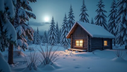 Cozy winter cabin painting in blue and yellow representing peaceful solitude at night
