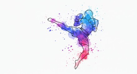 Obraz premium Vibrant watercolor kickboxer illustration expressing dynamic movement and fluid power