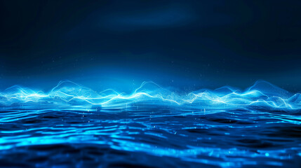 Fototapeta premium Bioluminescent waves glow electric blue under night sky, a mystical marine wonder