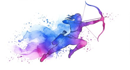 Dynamic watercolor archery illustration with fluid motion and vibrant color washes