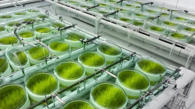 Many round tanks filled with green algae.