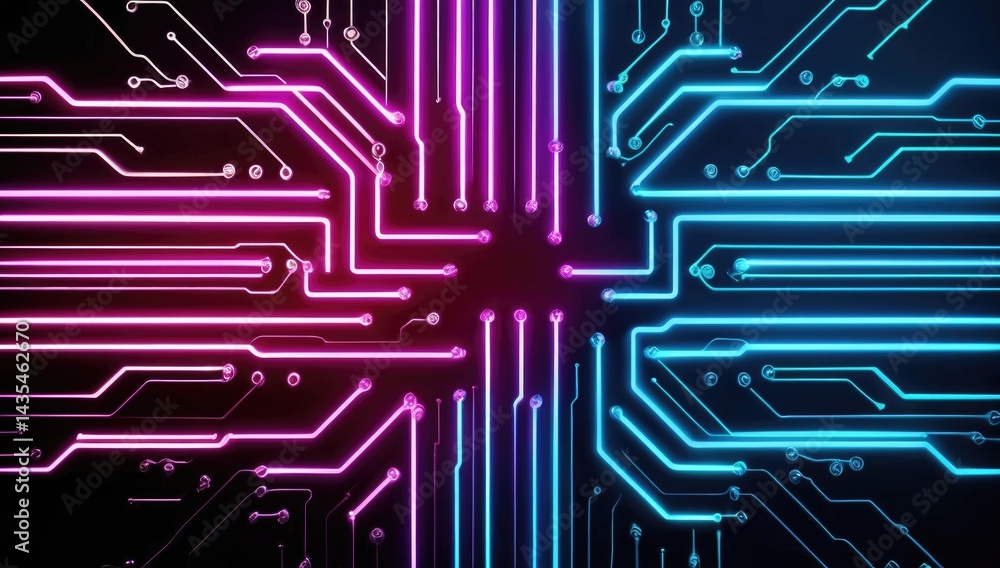 Poster abstract digital circuit design with vibrant neon color and glowing lines against a dark background