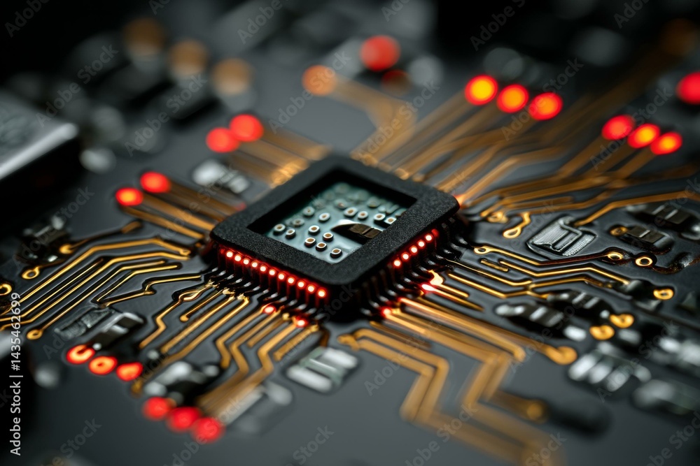 Poster complex circuit board showcasing a central microchip with intricate gold traces and glowing red led 