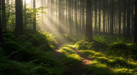 Fototapeta premium Sunlit Path Through Enchanted Forest
