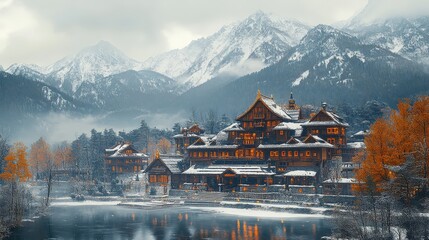Fototapeta premium Snowy mountain landscape with a large wooden building by a lake.