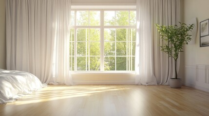 A bright bedroom interior with a large window and curtains