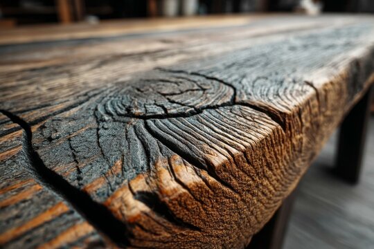 Detailed closeup of a weathered wooden table with visible grain, knots, and texture for rustic decor, backgrounds, or furniture design projects