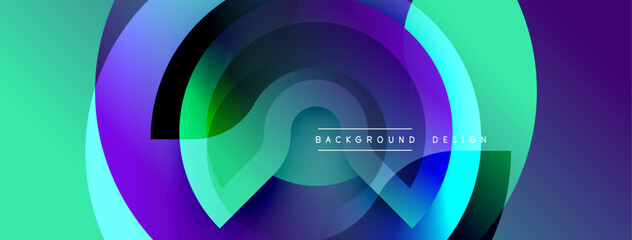 Abstract fluid shapes, vibrant colors blend. Modern design, circular layers create dynamic visual effect. Gradient hues dominate composition.