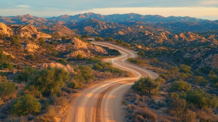 Winding dirt road through desert mountains at sunrise