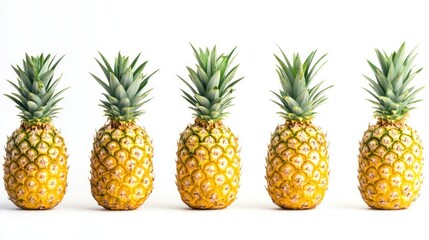 Fototapeta premium Five ripe pineapples arranged in a row against a white background.