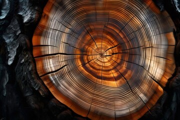 暗い背景に茶色と黄色の年輪を持つ木の切り株のクローズアップ写真