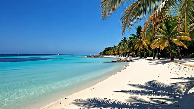 A stretch of pristine white sand meets an unbelievably clear, turquoise sea. Gentle palm trees line the shore, their fronds swaying rhythmically in the soft breeze