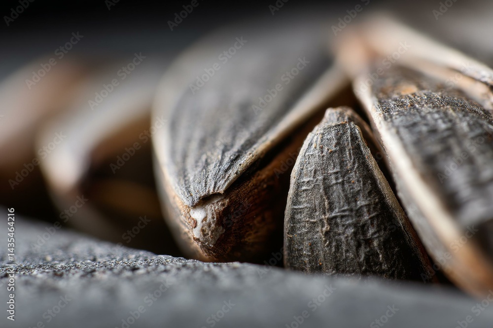 Poster extreme close-up of a group of dark sunflower seeds resting on a rough gray surface, showing detaile
