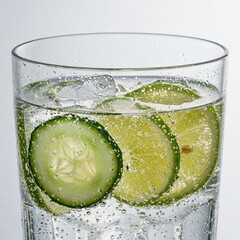 Sparkling Water Cucumber Lime Slices Condensation Droplets Glass High-Key White Background