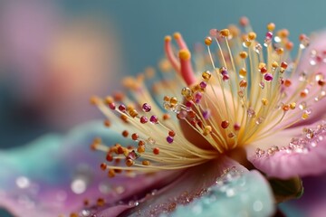 Fototapeta premium Floral Close-Up with Pollen and Glistening Water Droplets on a Pastel Background for Botanical Designs