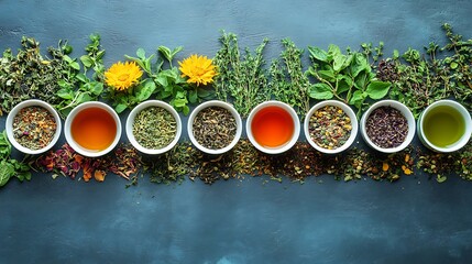 Assorted herbal teas & flowers displayed in bowls