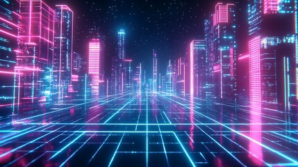 Fototapeta premium Futuristic neon city street scene with glowing lines.