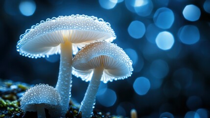 Three wet mushrooms are in a soft blue color palette