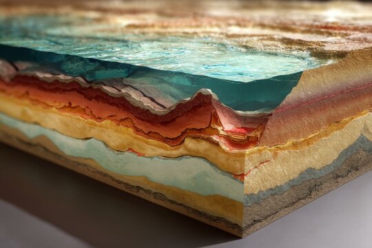Cross-Sectional View of Land Mass Displaying Stratified Layers, Geological Formations, and Water Table Level Below Ground Surface