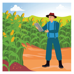Modern farmers in corn fields, using tablets to monitor agricultural output.