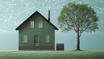 Minimalist Green House Icon with Wind Turbines and Tree for Energy Showcase Concept in Pastel Colors