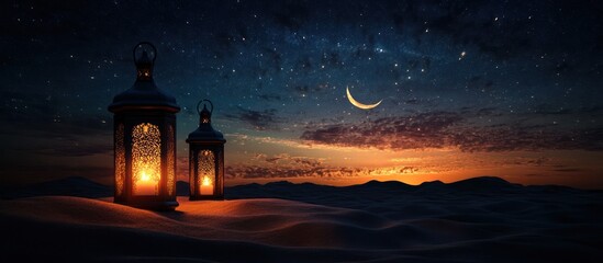 Lanterns in Desert at Night with Crescent Moon