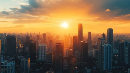Fototapeta premium A stunning city skyline at sunset, showcasing tall buildings against a vibrant sky.