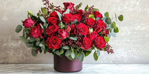 Valentineâ€™s Day floral arrangement featuring vibrant red roses on white