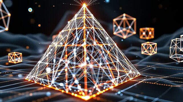 Geometric constructions emerge from a haze of spectral points. Wireframe pyramids and cuboids spin and reshape themselves, their edges delineated by the flickering light of countless tiny nodes