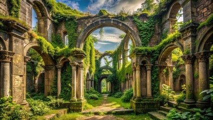 Obraz premium Ancient stone ruins overgrown with vines and moss, with crumbling temples and archways , overgrowth, ruins
