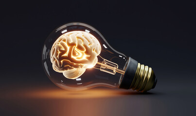 A glowing brain is inside a lightbulb showcasing creativity and ideas illuminating from within.
