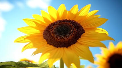 Obraz premium Radiant sunflower basking under vibrant blue sky in golden hour sunlight