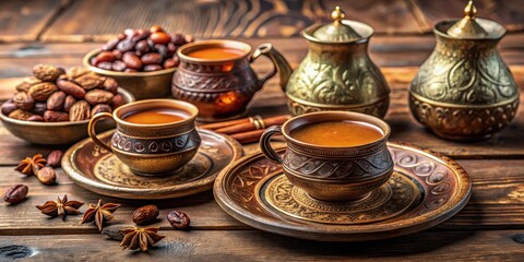 Fototapeta premium Traditional Arabic coffee dallah served in ornate clay cups on a wooden table surrounded by dates and fragrant spices, Arabic Coffee, Middle Eastern
