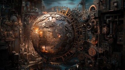 A Steampunk-inspired world trade scene, where gears and cogs form a mechanical globe, illustrating industrial-era global commerce reimagined with AI.