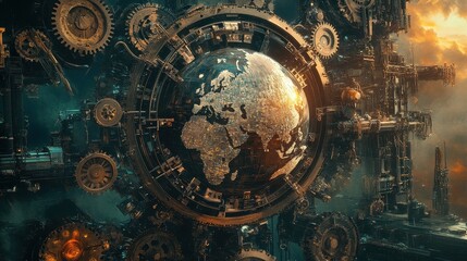 Fototapeta premium A Steampunk-inspired world trade scene, where gears and cogs form a mechanical globe, illustrating industrial-era global commerce reimagined with AI.