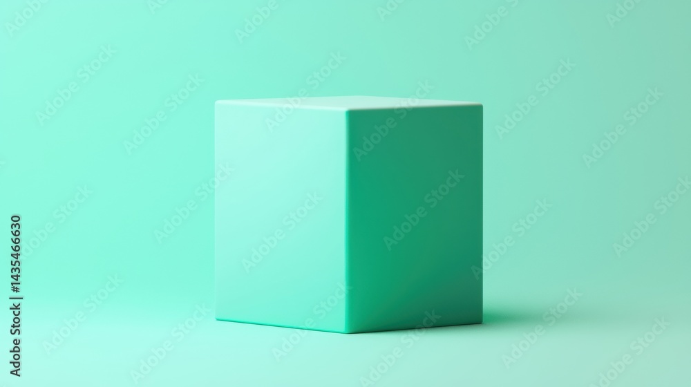 Poster a 3d rendering of a light blue cube against a light green background.