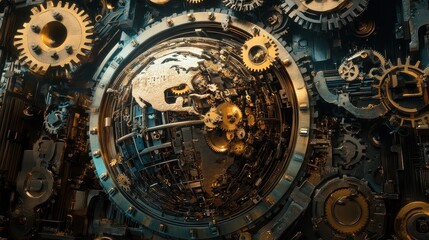 Fototapeta premium A Steampunk-inspired world trade scene, where gears and cogs form a mechanical globe, illustrating industrial-era global commerce reimagined with AI.